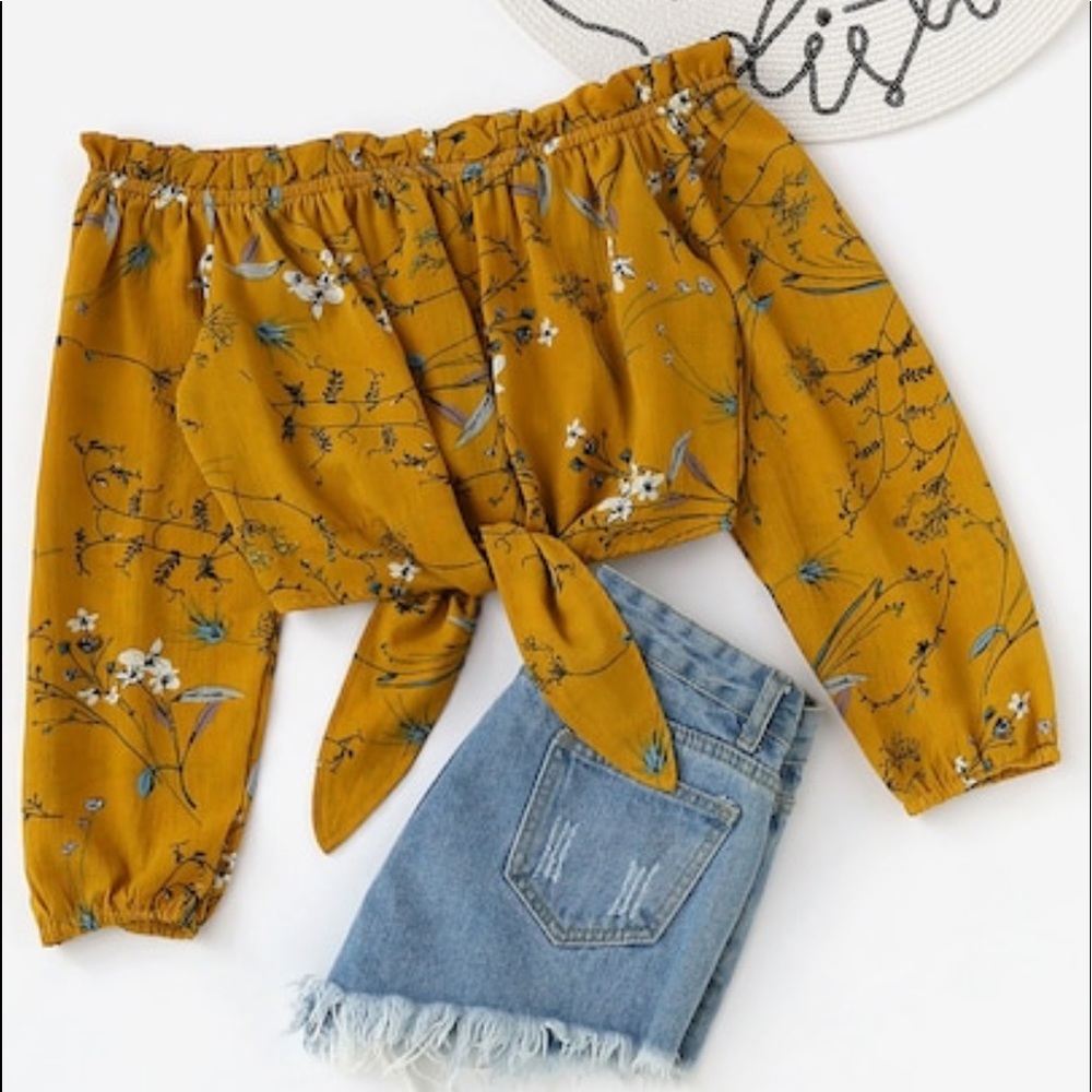 yellow floral off shoulder knot hem crop top